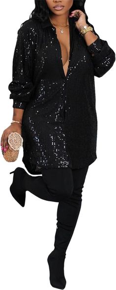 Sparkly Shirt, Sequin Shirt Dress, Sparkly Dresses, Glitter Mini Dress, Glitter Shirt, Loose Fit Blouse, Dressy Shirts, Womens Tops Dressy, Button Down Shirt Dress