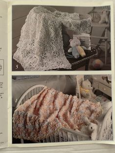 an old photo of a baby's crocheted blanket and teddy bear in a basket