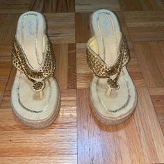 New, Never Worn Gold Embellished Straw Wedge Heel. Wedge Heel Is 4 Inches. Size 7 Gold Embellished Wedge Sandals For Beach, Gold Toe Post Wedge Sandals, Gold Embellished Wedge Sandals With Round Toe, Gold Embellished Open Toe Wedge Sandals, Womens Shoes Wedges, Wedge Heels, Straw, Wedges, Size 7