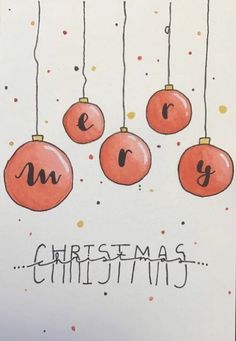 a christmas card with ornaments hanging from strings