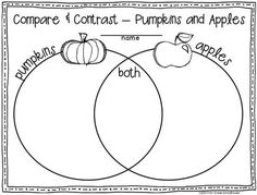 two circles with apples on them and the words, compare contrast = pumpkins and apples