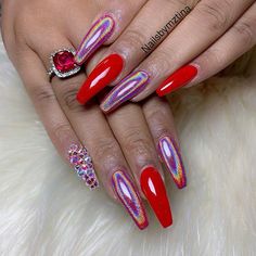 41 Tasteful Ways to Wear Long Coffin Nails StayGlam Stiletto Nails Red, Claire Hair, Pink Holographic Nails, Pink Stiletto Nails, Red Stiletto Nails, Red And Gold Nails, Glittery Nails, Red Acrylic Nails, Red Nail Designs