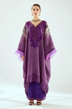 Shop for Rajdeep Ranawat Purple Olivia Silk Kaftan Tunic for Women Online at Aza Fashions Purple Kaftan, Rajdeep Ranawat, Kaftan Tunic, Tunics Online, Organza Sleeves, Silk Kaftan, Floral Geometric, Purple Silk, Fabric Silk