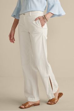 Styled like your favorite denim, but soooo much softer and drapier, these wide leg pants are a dream in lightweight stretch lyocell and cotton blend that's perfection for spring through early fall. Side slits give extra sway for a flirty peekaboo. Side seam pockets and back patch pockets. Button and zip closure. Versatile Cotton Wide Leg Full-length Pants, Versatile Wide Leg Full Length Cotton Pants, Versatile Full-length Cotton Wide Leg Pants, Versatile Full Length Cotton Wide Leg Pants, Cotton Wide Leg Pants With Pull-on Style, Spring Cotton Bottoms With Side Slits, Summer Cotton Bottoms With Side Slits, Casual Wide Leg Pants With Side Slits, Casual Workwear Pants With Side Slits