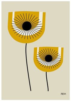 two yellow flowers with black centers are shown in this minimalist art print by person