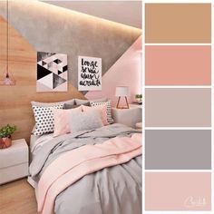 a bedroom with pink, grey and white decor on the walls is shown in this color scheme