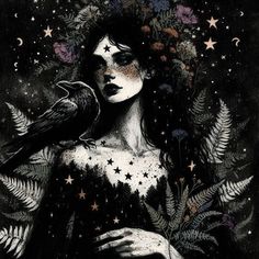 a woman with a bird on her shoulder surrounded by leaves and stars in the night sky