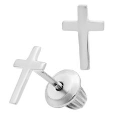 Combine faith and fashion with these baby cross stud earrings! These sterling silver earrings are 4x7mm and have a plain polish finish. The perfect gift to start someone's jewelry collection! Silver Cross Earrings, Cross Stud Earrings, Pearl Bracelet Gold, Cross Earrings Studs, Gold Rings Stackable, Diamond Fashion Rings, Baby Cross, Cross Earrings, Sterling Silver Hoop Earrings