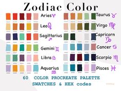 zodiacs and their names in different colors