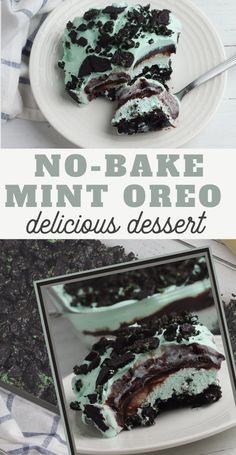 no bake mint oreo dessert on a white plate with the title above it