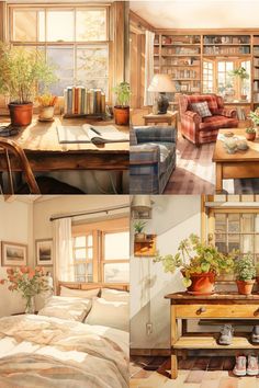 there are pictures of different rooms in the house with plants and books on the shelves