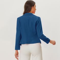 Create a modern sleek look even at the office with this stunning cropped blazer jacket. This smart collarless blazer features an angled hem which is shorter in the back for a fashionably cool look. An open-front design for showing your amazing top inside. The jacket offers a versatile piece for effortless layering looks. Pair it with jeans and sneakers for a casual look. Filled with contemporary takes on classic summer prints, great for office and causal wear, both professional and fashionable. Tailored Cropped Office Blazer, Chic Cropped Blue Blazer, Chic Blue Cropped Jacket For Work, Elegant Blue Cropped Jacket For Work, Crop Suit, Womens Oversized Blazer, Cropped Blazer Jacket, Winter Outwear, Women's Suits