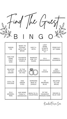 Wedding BINGO or Find the Guest BINGO to have your guests mingle and meet each other! Wedding Bingo, Wedding Party Games, Wedding Games For Guests, Wedding Game, Wedding Reception Fun, Bridal Shower Planning, Wedding Activities, Future Wedding Plans