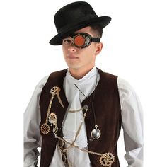 Accessorize your Steampunk costume with this Cyber Steam Eye Patch Goggle! The unique costume accessory puts a mechanical twist on classic eye patches and is sure to add intrigue to your Steampunk character. A gold-toned plastic goggle frame is set with a brown-tinted lens and attached to a length-adjustable elastic band that holds the eye-catching patch securely in place! Steampunk Halloween Costume Accessories, Gold Steampunk Costume Accessories For Costume Party, Gold Steampunk Costume Accessories For Parties, Steampunk Costume Accessories For Cosplay In Gold, Steampunk Gold Costume Accessories For Cosplay, Gold Steampunk Costume Accessories For Cosplay, Adjustable Steampunk Masks And Prosthetics For Costumes, Steampunk Character, Welding Goggles