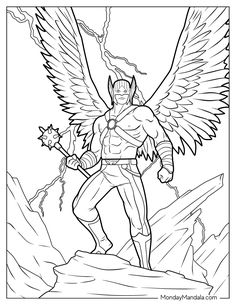 an image of a man with wings on top of a mountain in the background is a black and white drawing