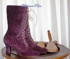 "Request a Custom Order and have something made just for you! Order your customised boots for wider feet , strong calf and narrow feet also. Beautiful Victorian High Heel Boots . High quality Italian Amethyst purple suede leather . Are issued by limited series. Model inspired from 1900 boot style. Mid calf height: height of the heel 2,6\" inch/ 7 cm length of the boot from the bottom of the sole (at the heel) to the top 10\" inch / 25,5 cm You can get remarkable and not expensive handmade boots Victorian Boots With Leather Sole For Formal Wear, Victorian Formal Boots With Leather Sole, Formal Victorian Boots With Leather Sole, Victorian Boots For Formal Fall Occasions, Historical Round Toe Formal Boots, Historical Formal Boots With Round Toe, Historical Round Toe Boots For Formal Occasions, Vintage Fitted Lace-up Boots With Snip Toe, Victorian Almond Toe Fitted Boots