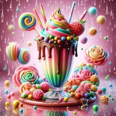 an ice cream sundae with candy and lollipops in it on a pink background