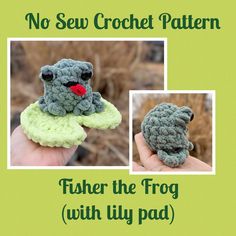 there is a crocheted frog with a red nose