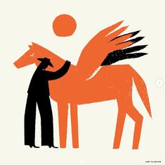 an orange and black horse standing next to a man with wings on it's back