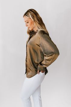 Introducing The Flade: the button-up blouse that's ready for business, leisure, and the days when you just want to make a statement! A silky, satin finish in olive adds a touch of luxe to any look. Make a power move with The Flade! Details Model is wearing a large self/lining: 95% polyester + 5% spandex Fabric Care Guide Here Sizing & Fit Measurements are approximate and taken while laying flat across the front. Not doubled. x-small: bust = 20"; length = 27" small: bust = 21"; length = 27" mediu Patterned Midi Dress, Textured Cardigan, Velvet Heels, Pleated Maxi Skirt, Ruffle Sleeve Dress, Pleated Maxi, Satin Blouse, Double Breasted Coat, Textured Knit