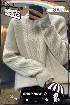 Women's Fashionable Loose Diamond Cable Half Turtle Collar Thick Pullover Sweater Casual Crew Neck Knit Top For Winter, Cream Long Sleeve Sweater For Fall, Cable Knit Long Sleeve Top For Winter, Winter White Long Sleeve Knit Top For Winter, Cream Crew Neck Knit Top For Winter, Cream Cable Knit Top For Winter, Winter Long Sleeve Knit Top In Winter White, Casual Beige Knit Top For Winter, Cream Crew Neck Sweater For Winter