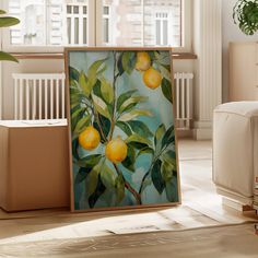 an oil painting of lemons hanging on a tree branch in front of a window