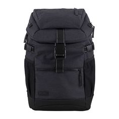 a black backpack with straps on the front and side pockets, sitting against a white background