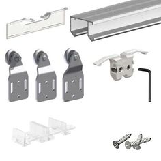 an assortment of different types of hardware on a white background