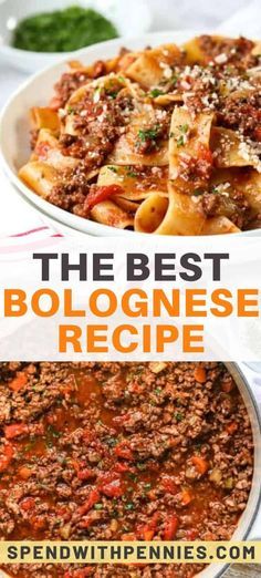 the best bolognzone recipe is shown in three different bowls with text overlay