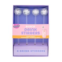 three disco ball drink stirers in a purple box