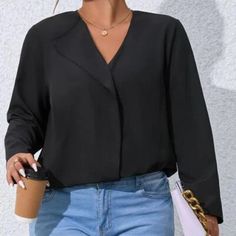 Black Shein Long Sleeve Waterfall Collar Blouse Shirt New In Package 2xl Trendy Black Blouse For Office Wear, Black Long Sleeve Office Tops, Black Long Sleeve Tops For Office, Black Long Sleeve Blouse For Office, Fall Black V-neck Shirt, Black V-neck Shirt For Fall, Black V-neck Shirt For Office Wear, Black V-neck Office Blouse, Black Tops For Office Wear