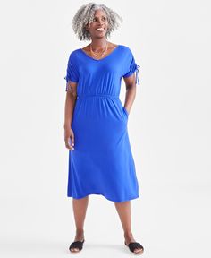 in stock Casual V-neck Dress With Gathered Sleeves, Blue Mid-length Ruched Dress, Casual Dresses With Gathered Short Sleeves, Casual V-neck Midi Dress With Gathered Sleeves, Blue V-neck Dress With Elastic Sleeves, Blue Dress With Elastic Sleeves, Casual Midi Dress With Elastic Sleeves, Casual Short Sleeve Midi Dress With Elastic Sleeves, Blue Dresses With Elastic Sleeves For Daywear