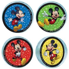 four mickey mouse coasters on a white background