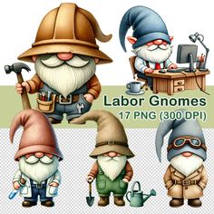 four gnomes with different hats and tools