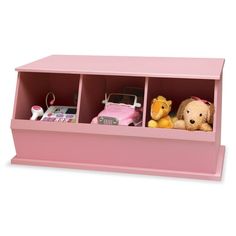 a pink toy storage unit with stuffed animals