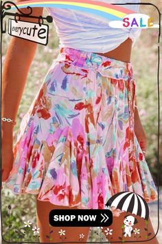 Multicolor Abstract Floral Print Ruffled Mini Skirt Summer Trendy Ruffled Skirt Skort, Spring Vacation Mini Skirt With Ruffle Hem, Multicolor Floral Print Bottoms For Brunch, Summer Multicolor Floral Print Skort, Summer Skort With Ruffle Hem, Spring Flowy Mini Skirt With Ruffles, Summer Ruffle Hem Skort, Trendy Summer Skirt With Ruffle Hem, Summer Ruffle Skort