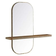 a wooden shelf with a mirror on it and a shelf above it that is holding a mirror