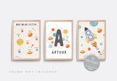 three children's wall art prints featuring planets and the letter a, with an outer space theme