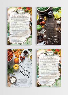 three brochures with different types of food on the front, back and side