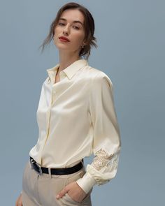 Graceful and feminine, the Armeria Lace Blouse features delicate lace detailing on the sleeves and a concealed placket for a touch of luxurious, vintage flair. Vetements Shirt, Silk Bedding Set, Silk Clothes, Silk Nightwear, Elegant Scarves, Classical Style, Lace Silk, Blouse Nordstrom, Elegant Blouses