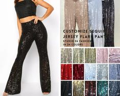 Design your own sequin jersey flare pants with 21 different color sequin fabric! Choose your favorite color and size and you are ready to go with your custommade unique sequin palazzo pants! Perfect Sequin Jersey Bell Bottoms Ruffle Wide Leg Pants Perfect trousers for a party, make you noticeable enough! This gorgeous sequin jersey palazzo pants has cotton lining inside. FULLY SEQUINED FABRIC : Shine brighter than ever before and turn heads with bold, sparkly designs with a pair of Studio 54 Fas Studio 54 Party Outfits, Sequin Bell Bottoms, Sequence Pants, Studio 54 Fashion, Sequin Wide Leg Pants, Sparkle Pants, Sequin Jersey, Studio 54 Party, Sequin Flare Pants