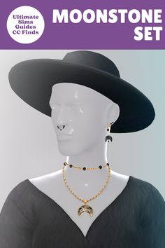 a white mannequin wearing a black hat with gold chains and earrings on it