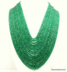 "Gemstone: Natural Zambian Emerald. Origin: Zambia Product Type: Micro Faceted Beads. Shape: Roundelle shape. Beads Dimension: 3.3MM to 5MM Approx. Necklace Length: 20\" Inches Approx. oººooººooººooººooººooººo *Returns Policy Our Guarantee: 100% 60 Days Money Back Guarantee. If you are not satisfied with this product for whatever reason at all, simply return the item in its original form and we'll cheerfully refund 100% of your money. -In case a buyer wants replacement or exchange, it can be giv Luxury Green Beaded Necklace For Celebration, Luxury Emerald Beaded Necklace, Luxury Green Beaded Statement Necklace, Green Gemstone Party Beads, Round Gemstone Beads For Party, Emerald Necklace With Faceted Round Beads For Jewelry Making, Green Beaded Rondelle Necklaces, Emeralds Necklace, Emerald Beads Necklace