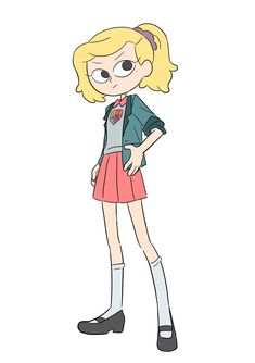 a cartoon girl with blonde hair wearing a skirt and jacket, standing in front of a white background