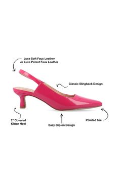 A fluted kitten heel sharpens the silhouette of an elegant slingback pump with a pointed toe. Slingback strap Synthetic upper, lining and sole Imported Pink Slingback Pumps With Branded Heel Counter, Pink Ankle Strap Slingback Pumps With Branded Heel, Classic Slingback Kitten Heels For Spring, Feminine Pointed Toe Kitten Heels With Heel Strap, Feminine Kitten Heels With Pointed Toe And Heel Strap, Feminine Fitted Slingback Pumps For Spring, Pink Slingback Pumps With Padded Heel, Pink Slingback Pumps With Sculpted Heel, Pink Slingback Pumps With Padded Low Heel