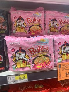 Buldak brand spicy chicken noodles with light pink package. Pink Ramen Noodles, Pink Noodles, Packed Snacks, Korean Noodles, Korea Food, Korean Snacks