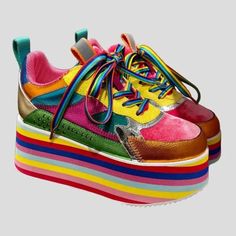 Women's Rainbow Sole Sneakers - High Heel PlatformElevate your style with Women's Rainbow Sole Sneakers - High Heel Platform. Crafted from genuine cow leather. these women's rainbow sole sneakers feature a vibrant mixed colors pattern that adds a splash of fun to any outfit. With a heel height around 7.5cm. they offer a chic high-heel platform design perfect for spring and autumn. The pigskin insole and mesh lining ensure comfort. while the lace-up closure provides a secure fit. Embrace fashion Multicolor Low-top Platform Sneakers For Streetwear, Multicolor Platform Sneakers For Streetwear, Multicolor High-top Chunky Sneakers, Sporty Multicolor High-top Platform Sneakers, Multicolor Leather Sneakers With Round Toe, Multicolor Lace-up Platform Sneakers For Spring, Multicolor Chunky Sneakers With Rubber Sole For Streetwear, Multicolor Platform Sneakers With Contrast Sole For Streetwear, Multicolor Low-top Platform Sneakers For Spring