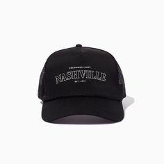 Show off your love for the music city with our Nashville Trucker Hat. Available in two colorways, black and beige, this is going to become your new favorite. Make sure you complete the look with our Nashville Sweatshirt. Want more styles? Shop our full apparel line. Urban Black Trucker Hat With Letter Print, Urban Black Snapback Hat With Letter Print, Spring Hip Hop Trucker Hat For Streetwear, Urban Trucker Hat For Streetwear With Curved Bill, Urban Letter Print Hat For Baseball Season, Fall Streetwear Baseball Cap, Spring Trucker Baseball Cap For Streetwear, Urban Hats For Baseball Season Streetwear, Urban Trucker Hat For Baseball Season