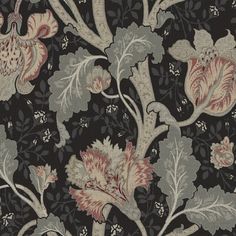 a black and pink floral wallpaper with white flowers on the left side, in an ornate pattern