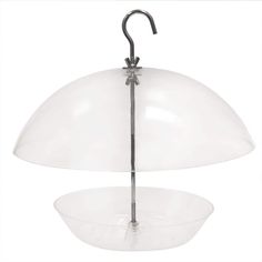 an umbrella shaped glass bowl with a metal hook on the top and two clear bowls below it